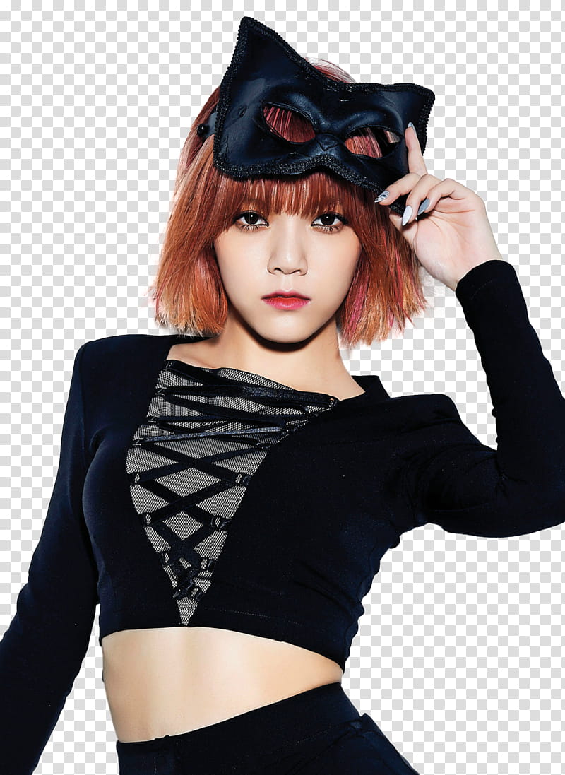 AOA JIMIN, woman wearing black crop top holding black cat masquerade transparent background PNG clipart