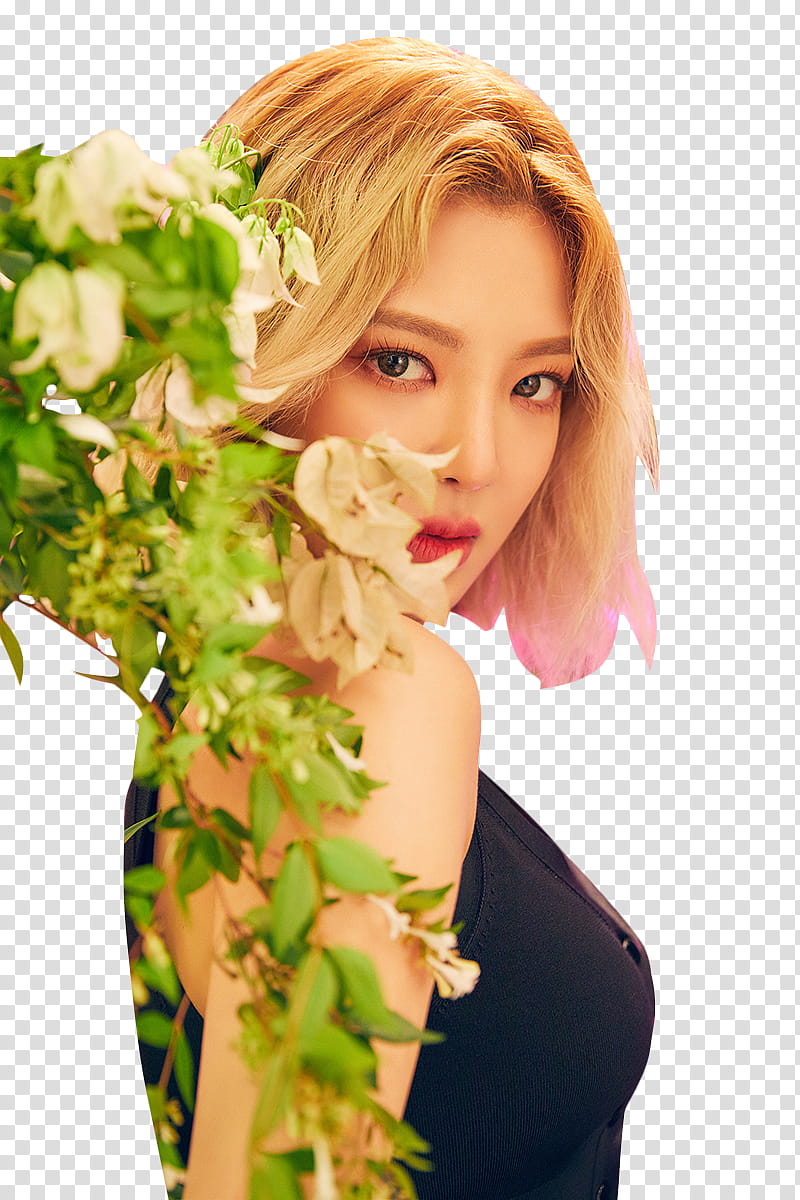 OH GG GIRLS GENERATION LIL TOUCH , woman wearing black dress hiding behind flowering plant transparent background PNG clipart
