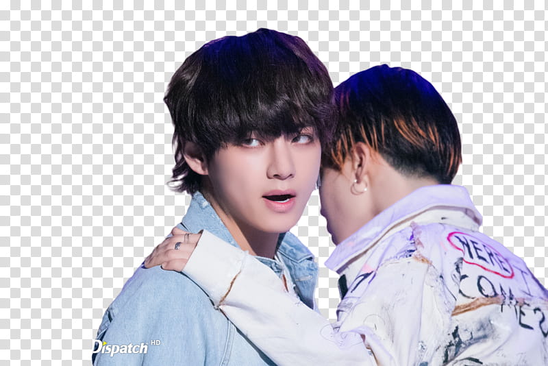 Taehyung BTS, two men wearing blue denim jackets transparent background PNG clipart