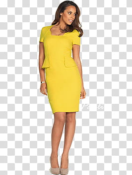 Rochelle Humes Very Co UK nes, woman wearing yellow scoop-neck cap-sleeved bodycon dress transparent background PNG clipart