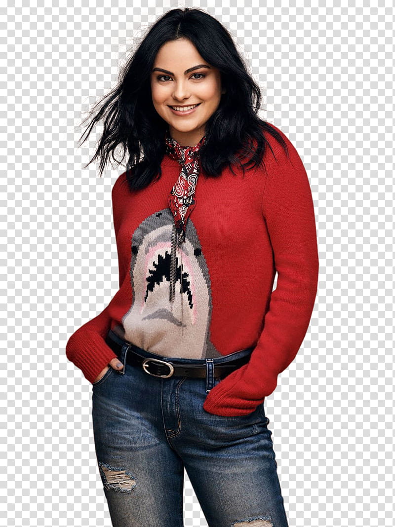 Camila Mendes, smiling woman wearing red cardigan and blue denim jeans transparent background PNG clipart