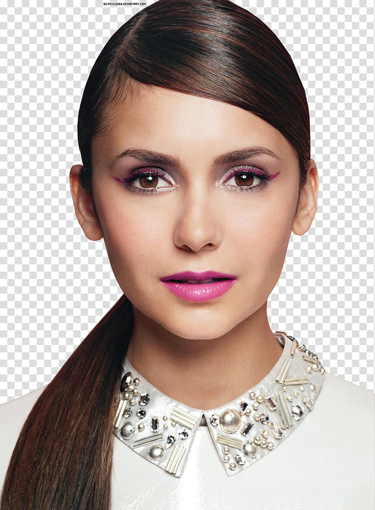 Nina Dobrev, woman wearing white peter pan neckline top transparent background PNG clipart