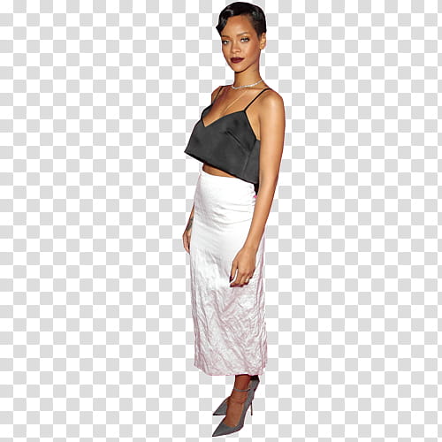 Rihanna, smiling Rihanna Robyn Fenty wearing black spaghetti strap crop shirt and white midi skirt transparent background PNG clipart