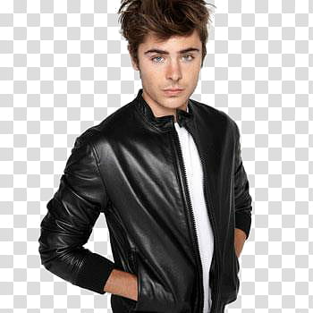 Zac Efron, man wearing black leather jacket transparent background PNG clipart