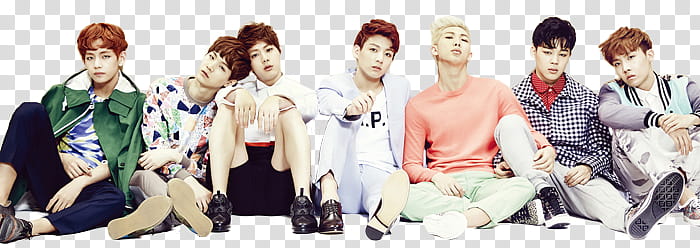 render BTS Bangtan Boys, male K-POP group sitting on ground transparent background PNG clipart