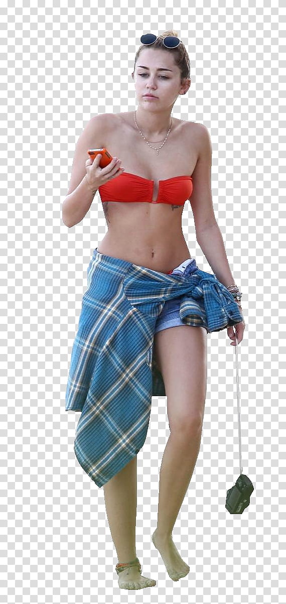 Miley Cyrus, Miley Cyrus wearing red bandeau bikini top transparent background PNG clipart