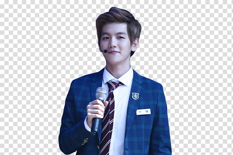 O BaekHyun EXO, man in blue suit holding microphone transparent background PNG clipart