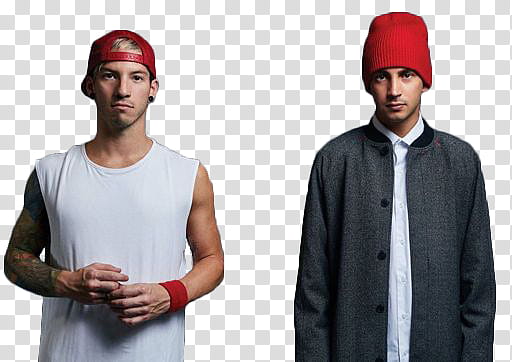 twenty one pilots, man wearing white tank top standing beside man wearing red knit cap and black jacket transparent background PNG clipart