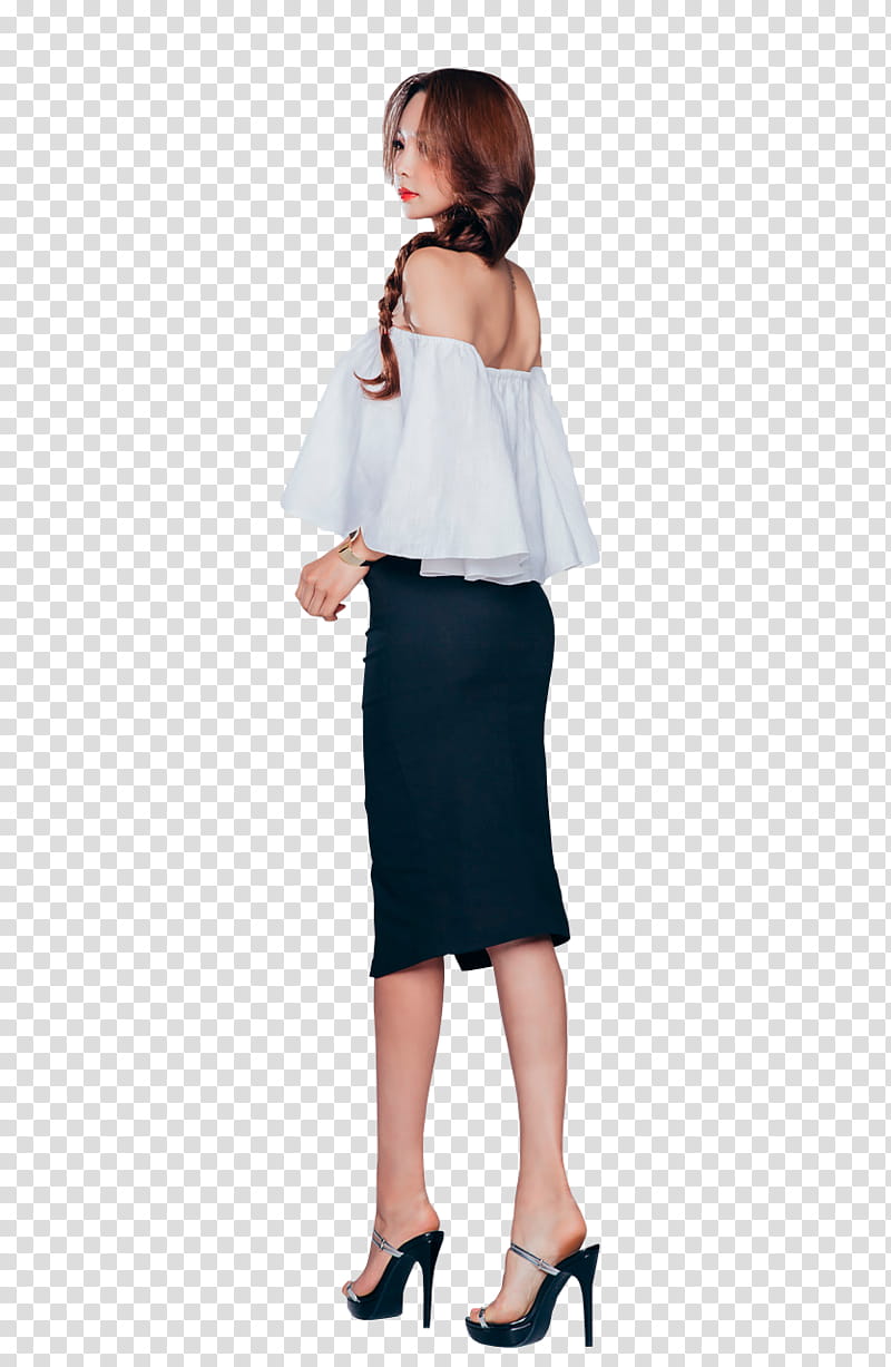SPECIAL  WATCHERS, woman wearing white off-shoulder bertha neckline top and black pencil skirt transparent background PNG clipart