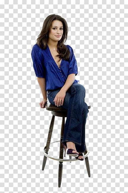 Lea Michele, woman wearing blue jeans sitting on bar stool transparent background PNG clipart
