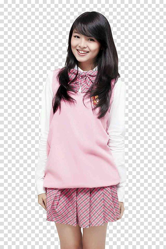 JKT, smiling woman wearing white and pink school uniform transparent background PNG clipart