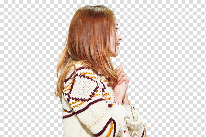 Yoona, woman holding her hand wearing white, maroon, and yellow knit cardigan transparent background PNG clipart