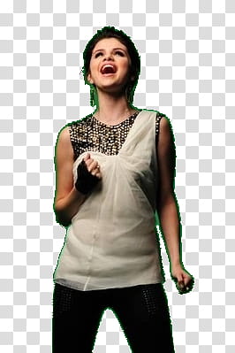 Selena Gomez, woman wearing white sleeveless top with open mouth transparent background PNG clipart