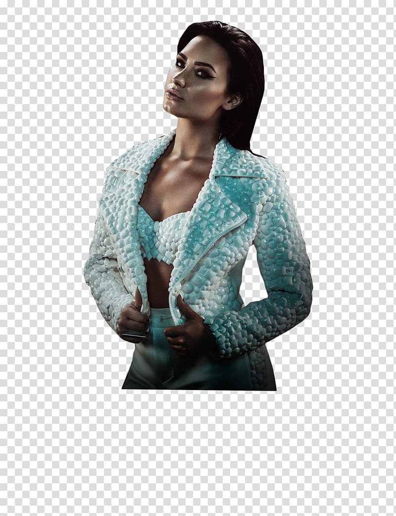 Demi Lovato y Nick Jonas, woman in white jacket on blue background transparent background PNG clipart