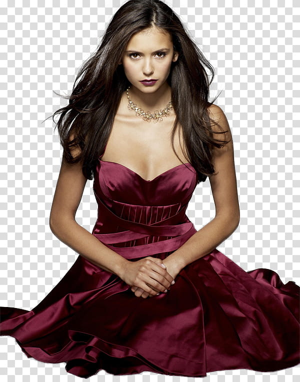 Nina Dobrev, woman wearing red sweetheart neckline gown transparent background PNG clipart