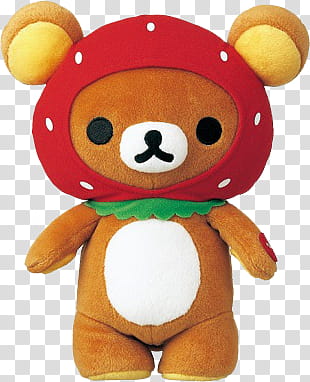 Rilakkuma Kawaii , brown bear plush toy with red strawberry hat transparent background PNG clipart