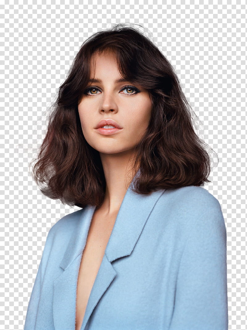Felicity Jones, woman standing while teal notched lapel transparent background PNG clipart