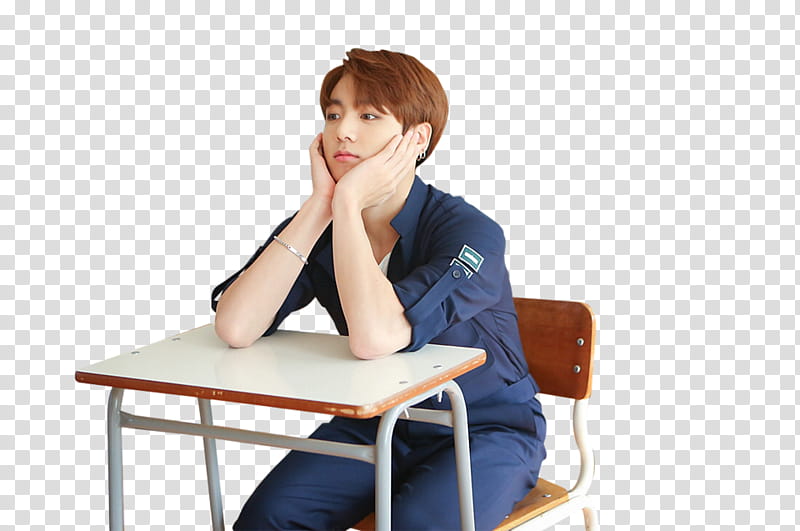 Jeon Jungkook, sitting man in blue button-up shirt with both hands on cheek transparent background PNG clipart