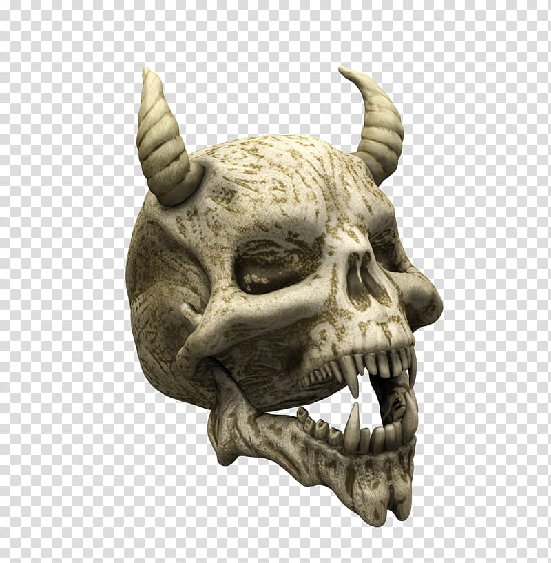E S Demon Skull, white skull with horn ornament transparent background PNG clipart