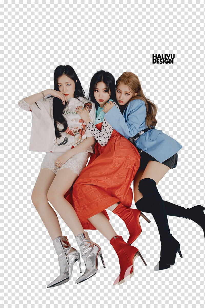 G idle, three women wearing boots posing transparent background PNG clipart