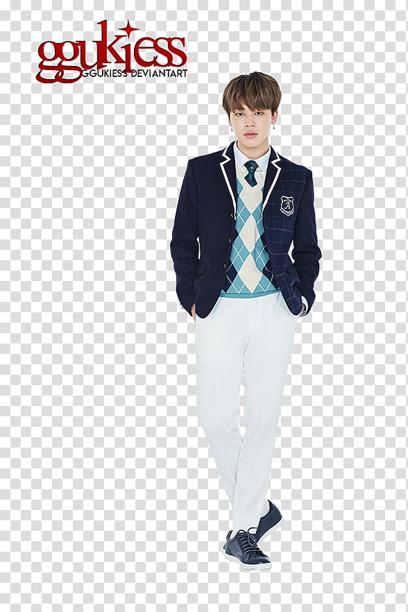 Jimin BTS, man wearing school uniform putting both hands on pocket transparent background PNG clipart