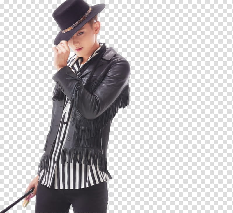 Huang Zi Tao, man wearing black hat, black leather fringe button-up jacket transparent background PNG clipart
