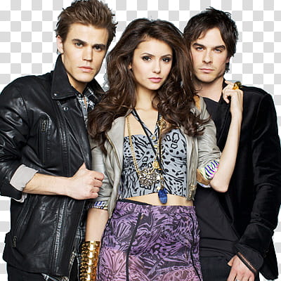 Vampire Diaries , two men and one women standing wearing shirts transparent background PNG clipart