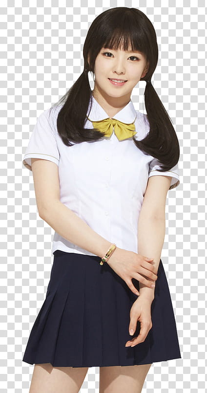Ivy Club Red Velvet Irene P , smiling woman wearing white collared shirt and blue pleated skirt outfit transparent background PNG clipart
