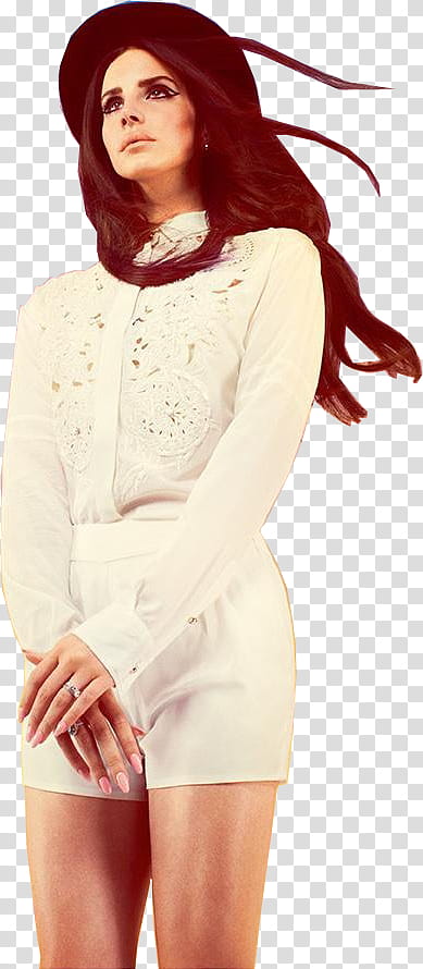  Lana Del Rey, woman wearing white long-sleeved jumpsuit and black hat transparent background PNG clipart