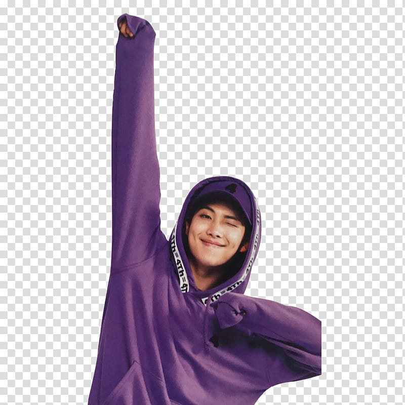RM , man wearing purple pullover hoodie raising his right arm transparent background PNG clipart