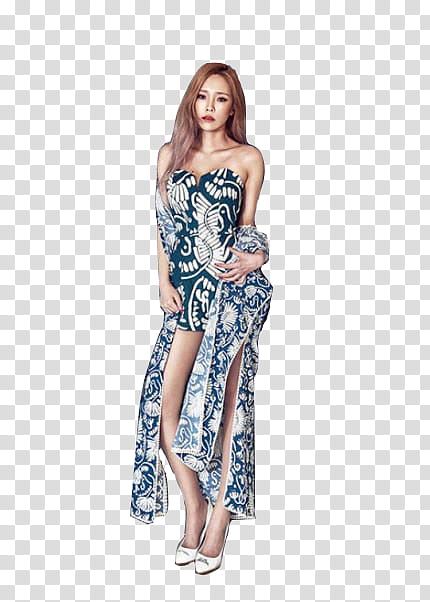 Heize, woman wearing blue and white floral strapless dress transparent background PNG clipart