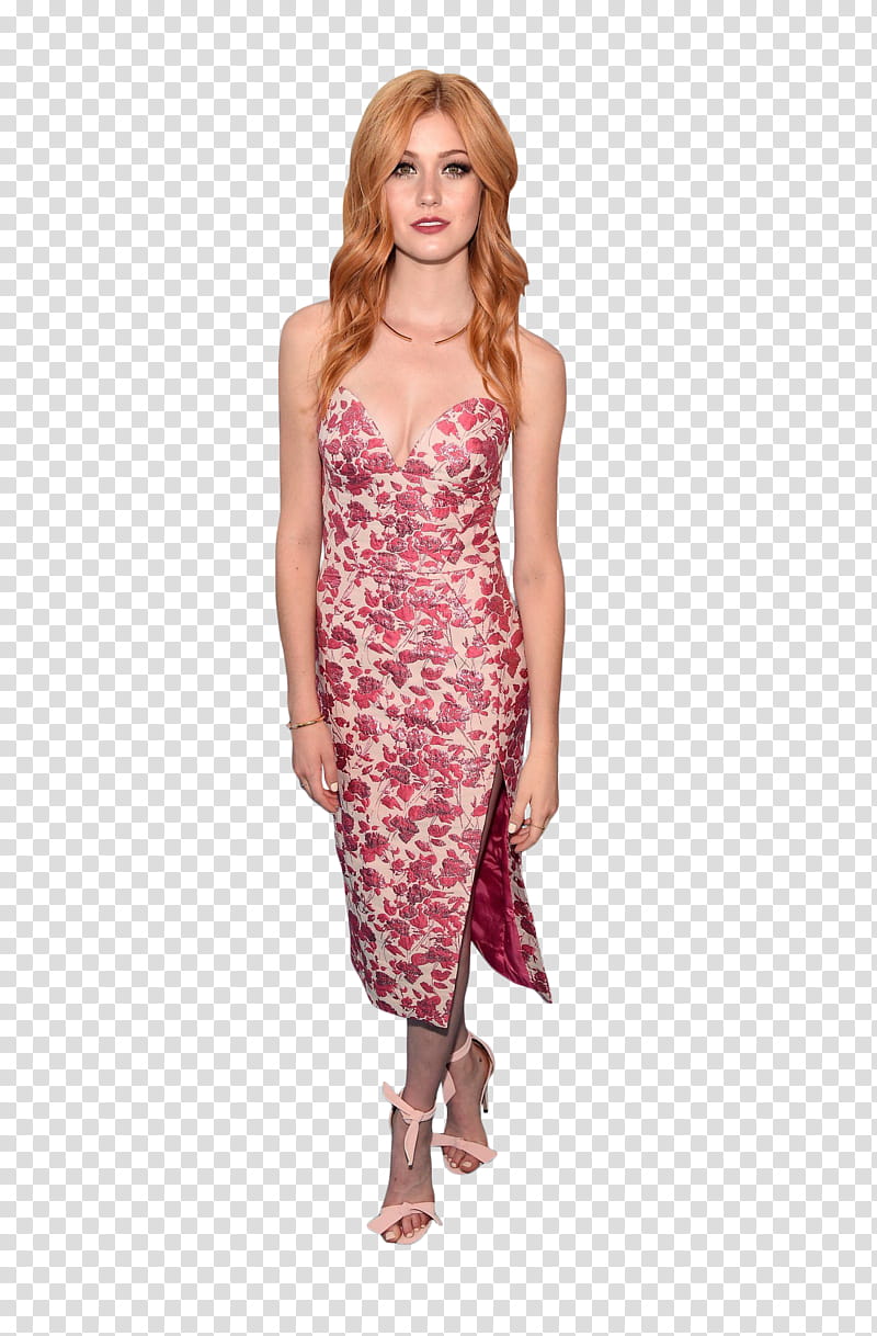 Katherine McNamara, woman in pink and white floral sweetheart dress transparent background PNG clipart