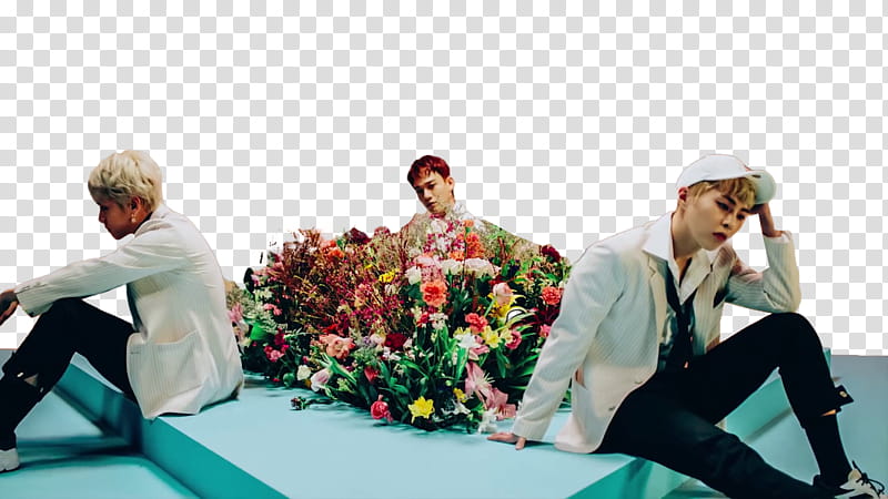 EXO CBX Blooming Day MV, three EXO members sitting on teal platform transparent background PNG clipart