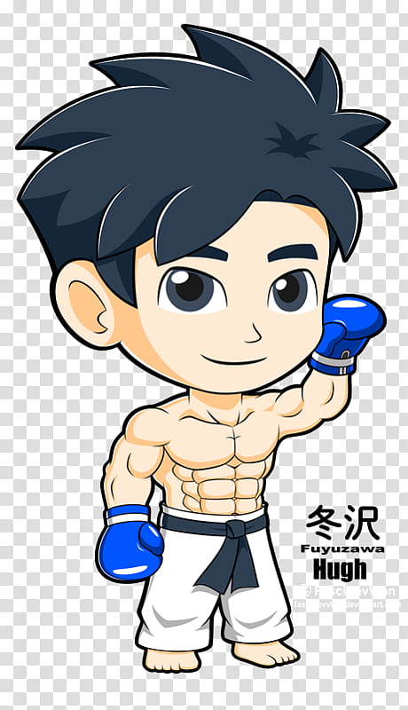 Muscular chibi boxer : Hugh, standing man wearing boxing gloves and pants illustration transparent background PNG clipart