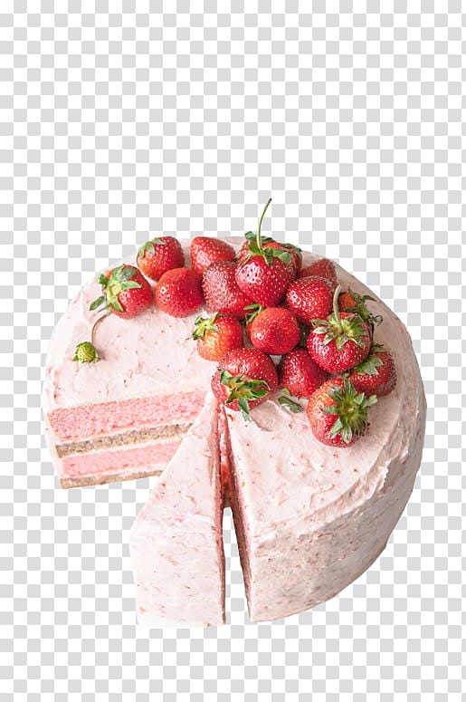 Food, round cake with pink icing and strawberries toppings transparent background PNG clipart