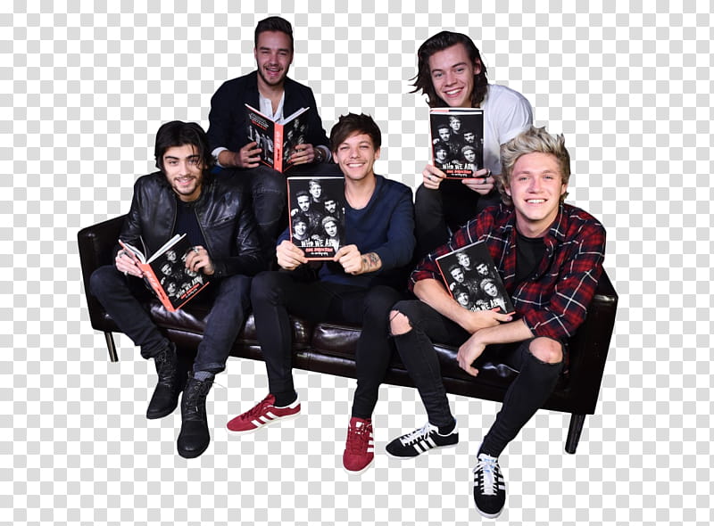 One Direction , One Direction band sitting on black leather sofa transparent background PNG clipart