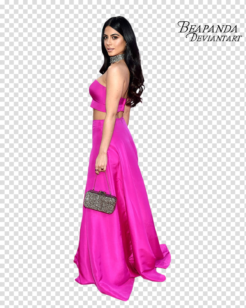 Emeraude Toubia, women's pink crop-top and skirt set transparent background PNG clipart