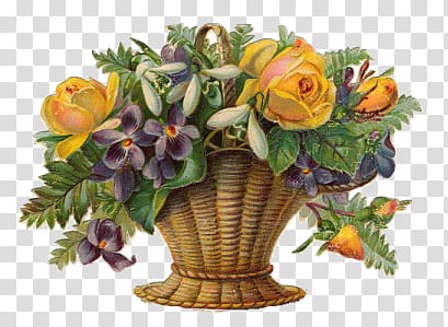 Vintage flower , bouquet of yellow and purple flowers in basket illustration transparent background PNG clipart