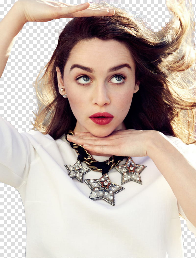 Emilia Clarke, woman wearing white top and black and gray star pendant necklace transparent background PNG clipart