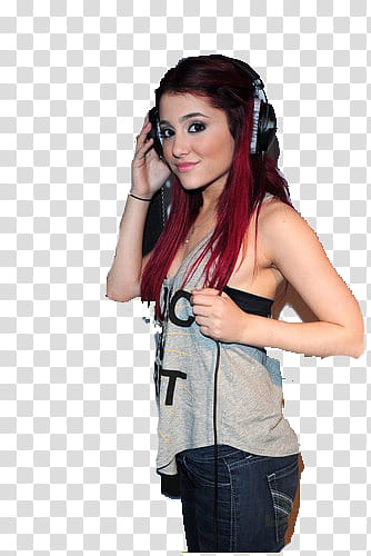Ariana Grande, woman wearing grey and black corded headphone transparent background PNG clipart