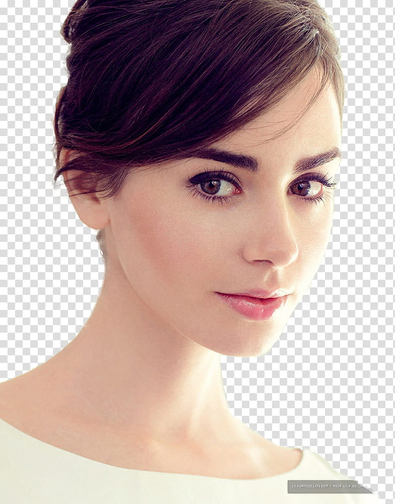 Lily Collins, Lily Collins wearing white scoop-neck shirt transparent background PNG clipart