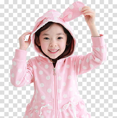 RENDER Ulzzang Kid, girl wearing pink and white polka-dot hooded jacket smiling transparent background PNG clipart