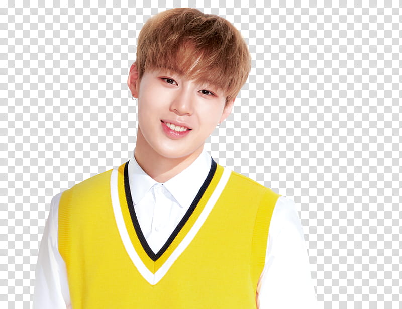 WANNA ONE X Ivy Club P, smiling man in yellow, white, and black V-neck collared shirt transparent background PNG clipart