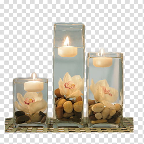 Velas Estilo Vintage, three lighted white candles in glass vase transparent background PNG clipart