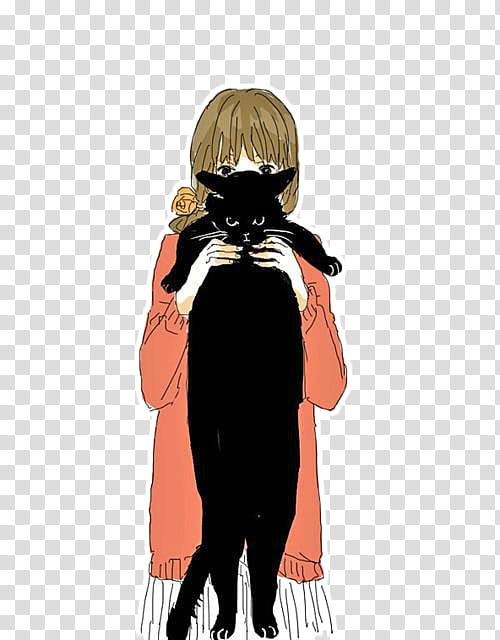 Dolls, girl in orange dress holding black cat anime character transparent background PNG clipart