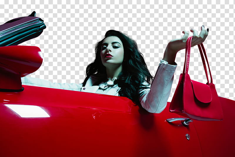 Charli XCX, woman riding in red car while carrying pink handbag transparent background PNG clipart