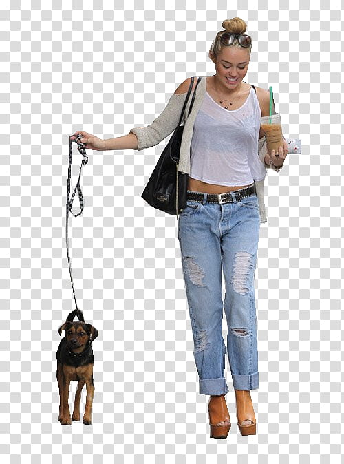 Miley Cyrus , cutout of Miley Cyrus holding plastic cup and harness of her dog transparent background PNG clipart