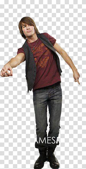 James Maslow, man wearing gray waistcoat, red crew-neck t-shirt and gray denim jeans outfit transparent background PNG clipart