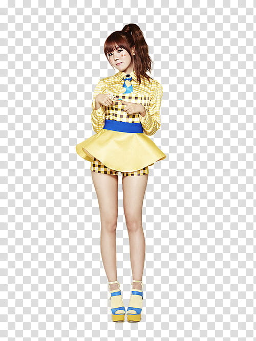 Orange Caramel renders, standing woman with both index fingers touching each other transparent background PNG clipart