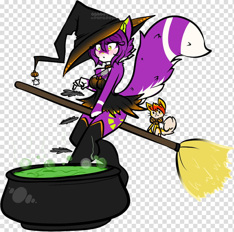 Cartoon, Cartoon, Character, Purple, Broom, Headgear, Cauldron, Plant transparent background PNG clipart